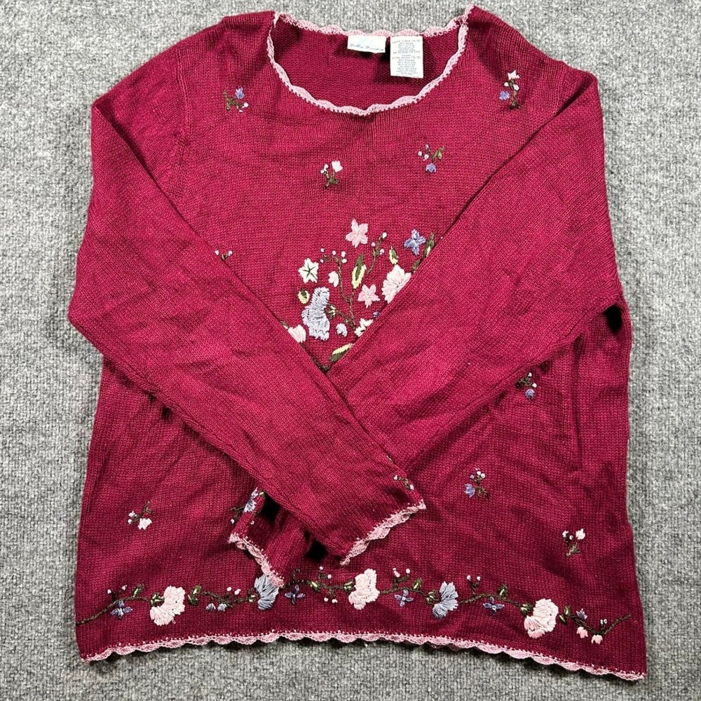 Bobbie Brooks Sweater Womens XL Red Ramie Cotton Floral Embroidered Scallop Trim